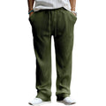 Men's loose straight leg trousers in polyester fabric showing high waist design and casual fit