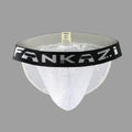 Men's white and black hollow mesh underwear briefs, showing low waist and high fork design.