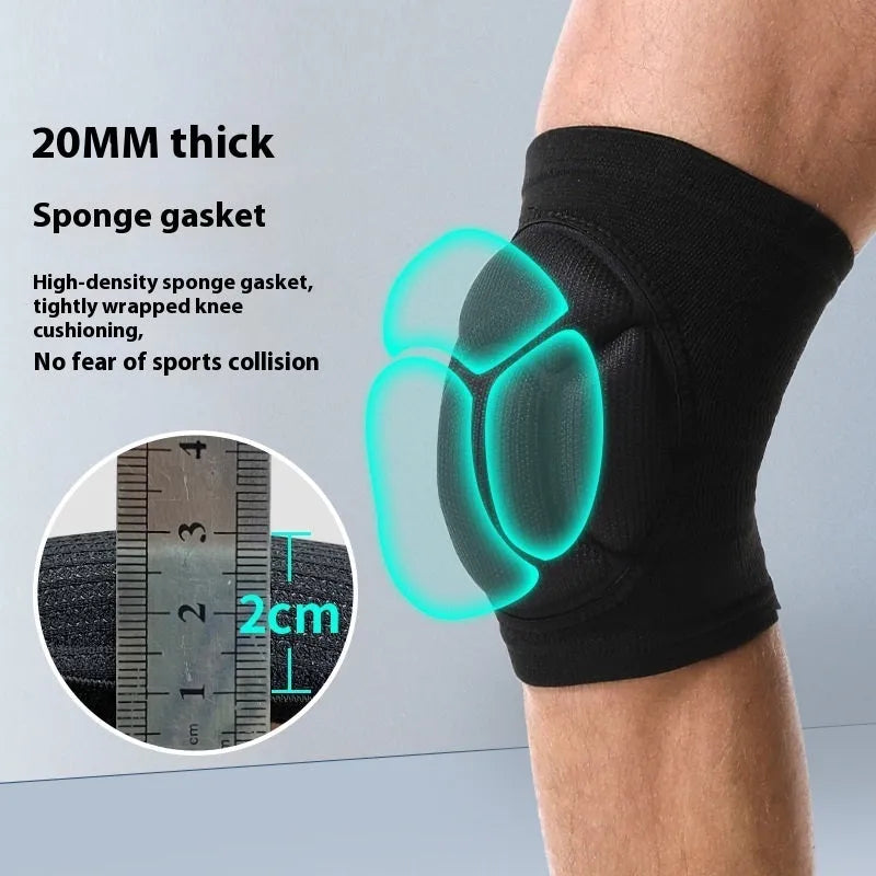 A pair of black breathable knee pads with thick sponge padding and adjustable straps for sports protection.