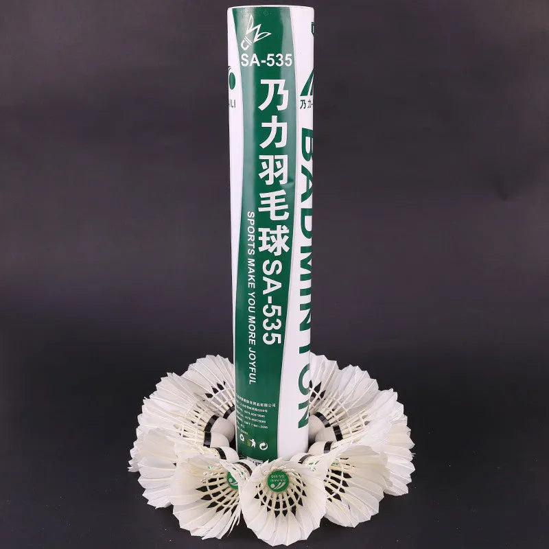 Twelve white training badminton shuttlecocks with feather skirts and cork bases arranged in a pack