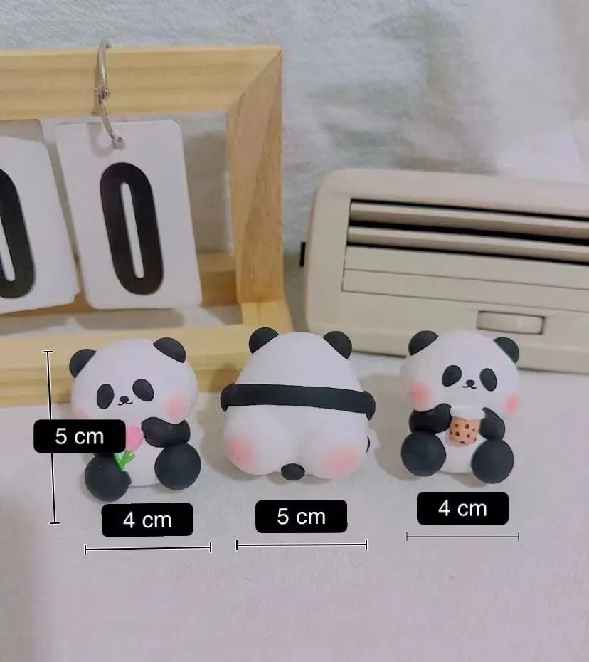 Cute panda-shaped car vent clip air freshener in three character designs: back, holding flower, and milk tea panda.