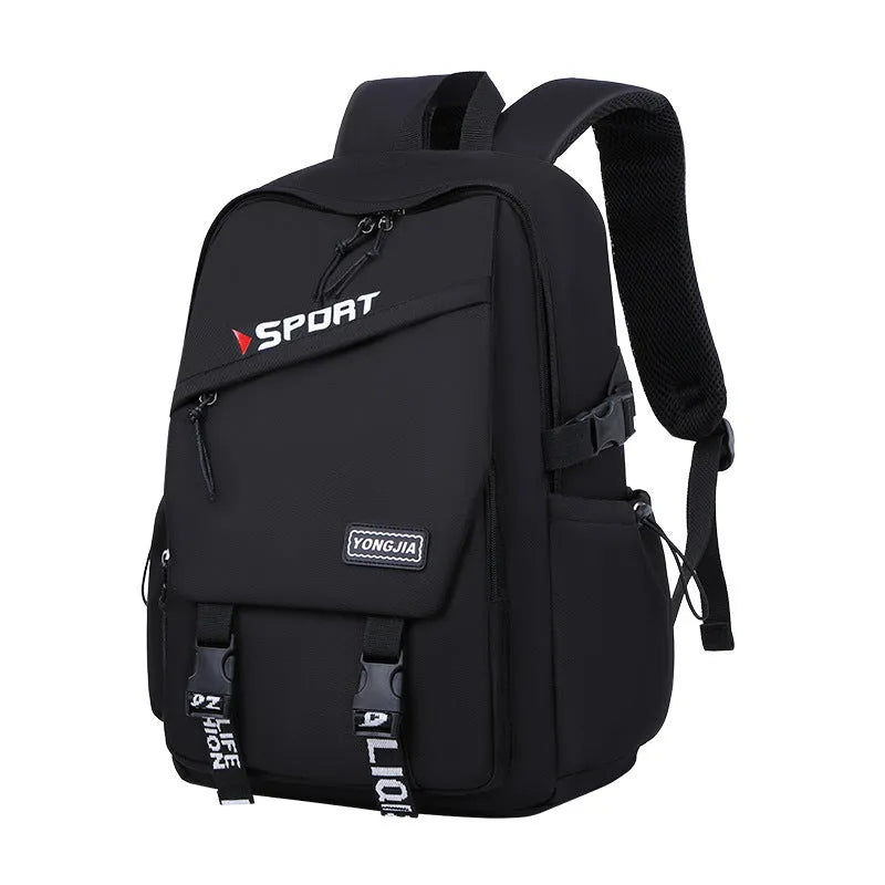 School Trends backpack in black, gray, and purple, made from Oxford cloth with curved shoulder straps for girls grade 4-9
