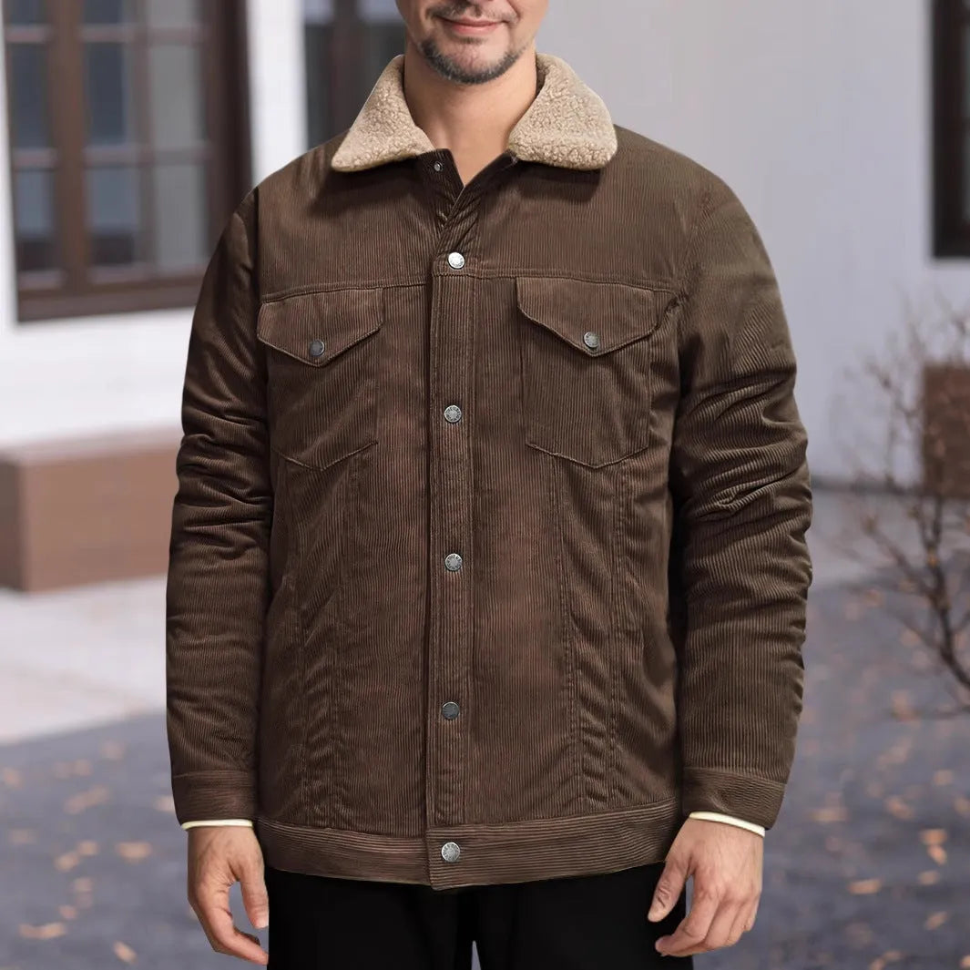 Men's long sleeve lapel corduroy fleece-lined jacket in thickened polyester bamboo fibre blend, eight colours, S-XXXL