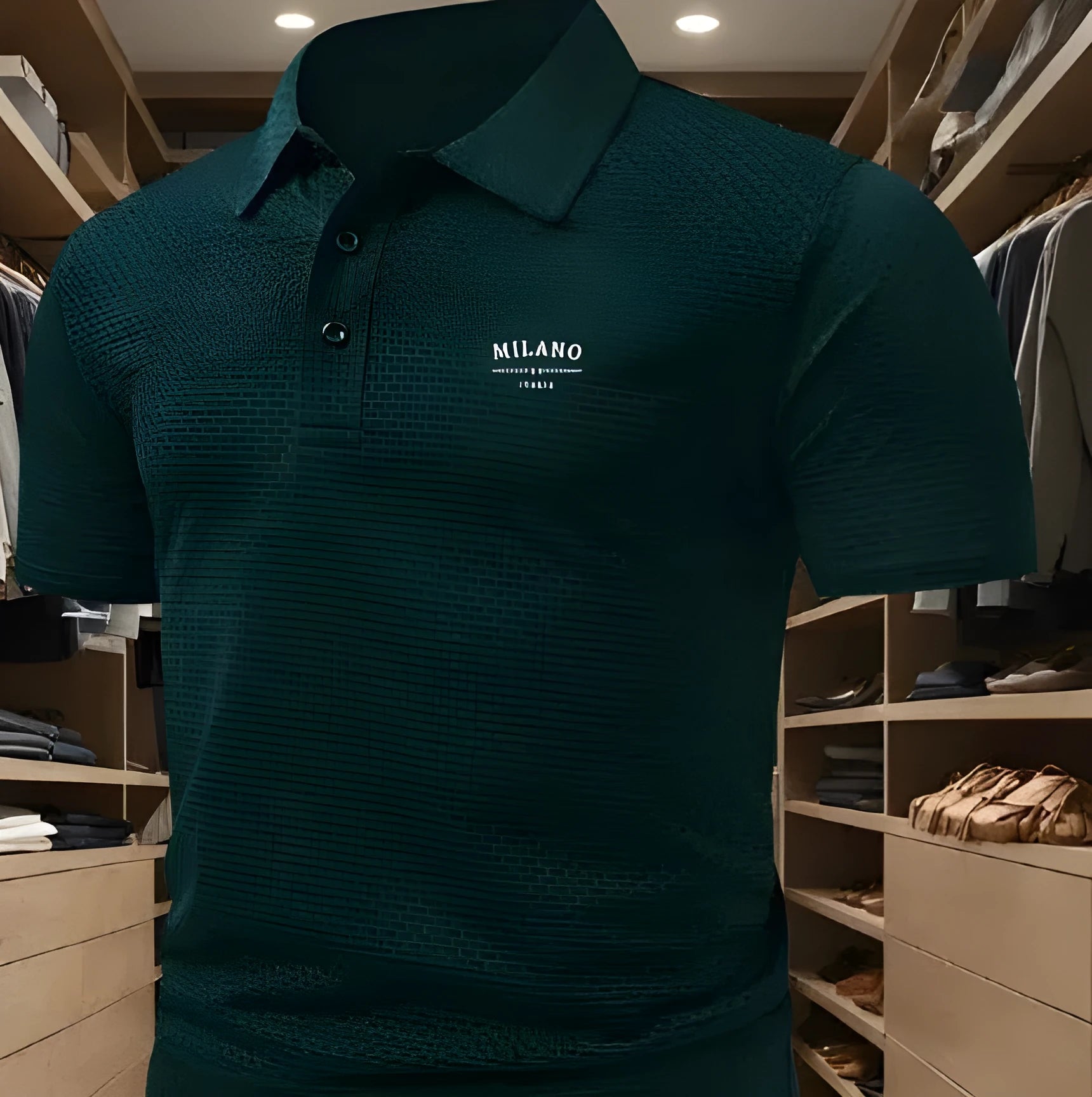 Men's loose fit printed lapel polo shirt in pinhole cloth fabric, shown in one of eleven available colours.