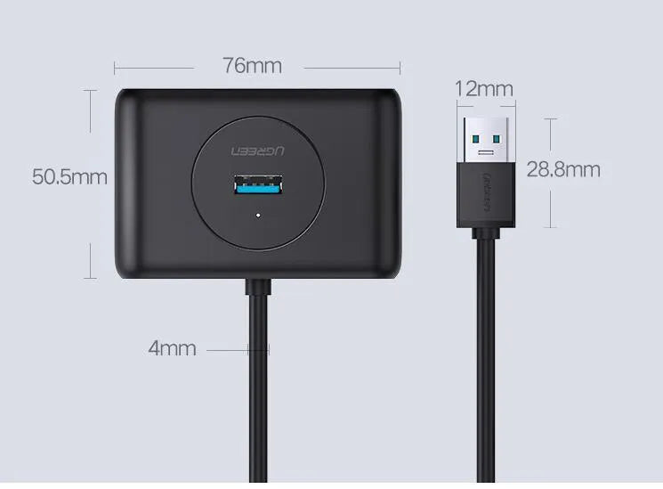 Deep black USB splitter with four ports, Micro USB power port, and indicator light on a desk