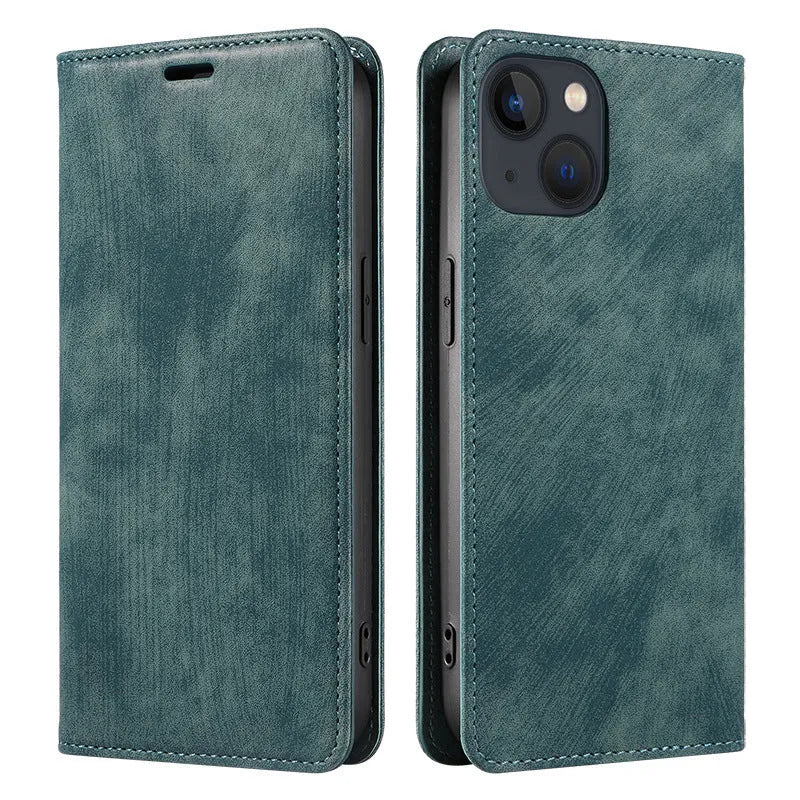 Magnetic leather flip phone case for iPhone shown closed, displaying the solid colour and front cover.