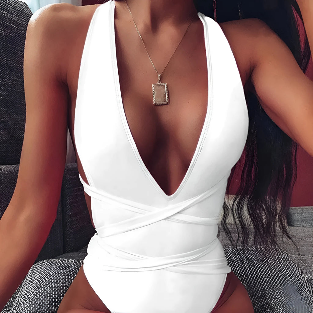 Women's lace-up deep V backless one-piece swimsuit in solid colour, quick-dry nylon, high waist cut