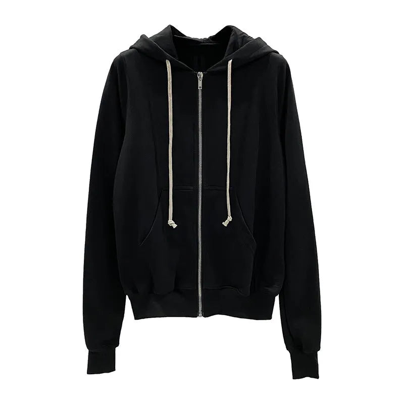 Men's classic black cotton zip-up hooded sweatshirt with loose fit and long sleeves