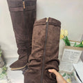 Women's mid-calf suede boots with metal buckle, pointed toe, short stout heel, and rubber sole in black, apricot, or brown matte