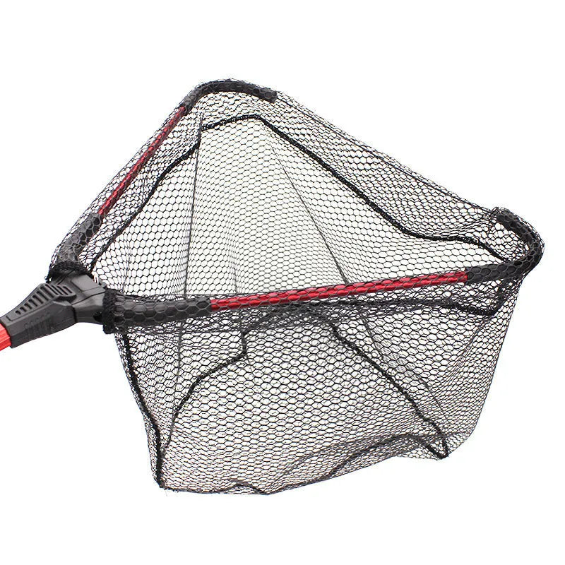 Red aluminium alloy single section triangular folding dip net collapsed to 47cm length, with viscose mesh, on a wooden table