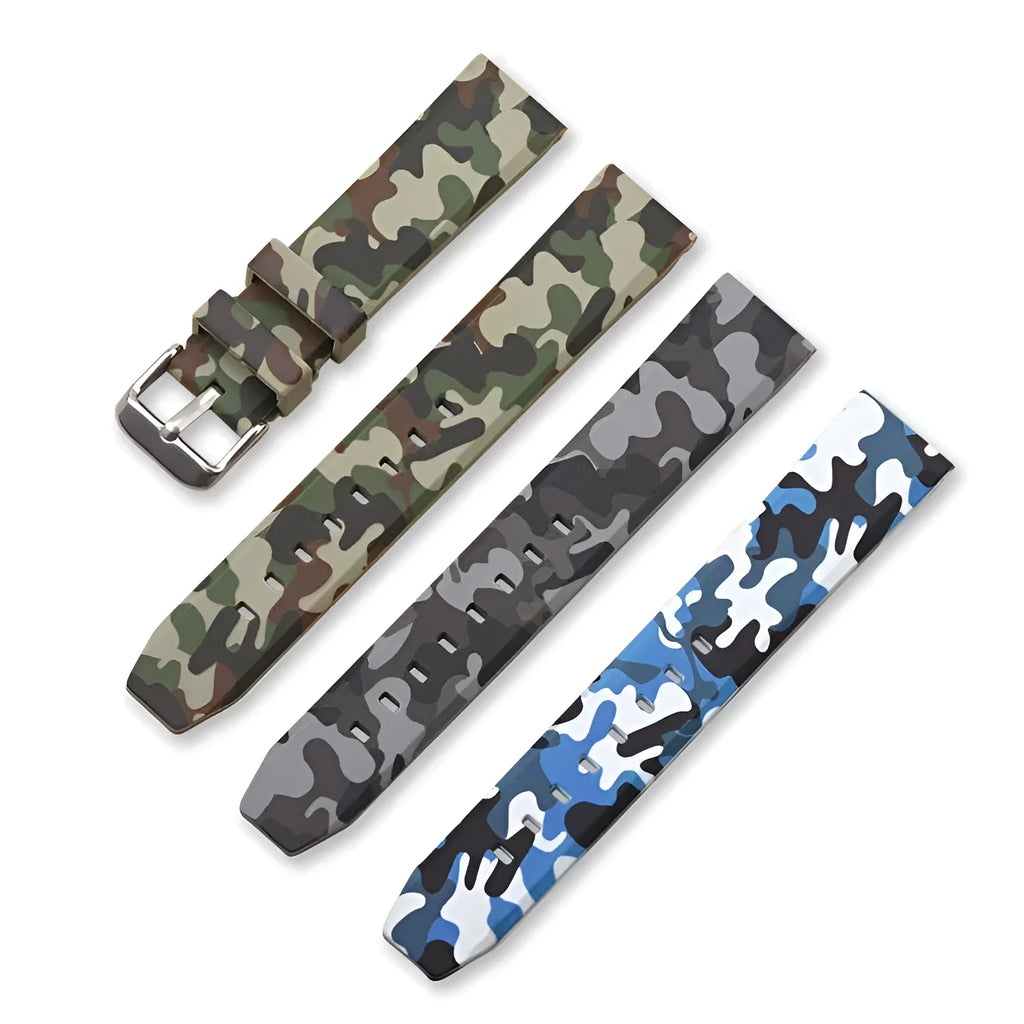 Green camouflage silicone watch strap showing flat head design and buckle.