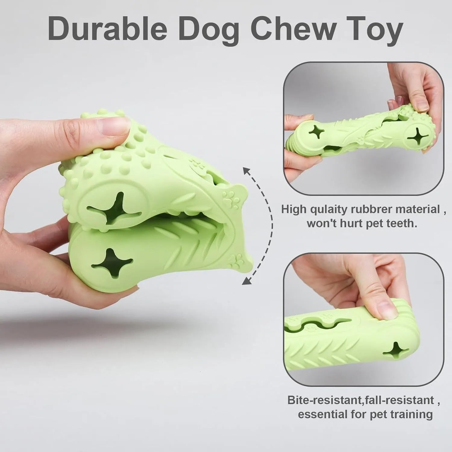 Blue, green, and orange bone-shaped natural rubber dog chew toy on a white background.