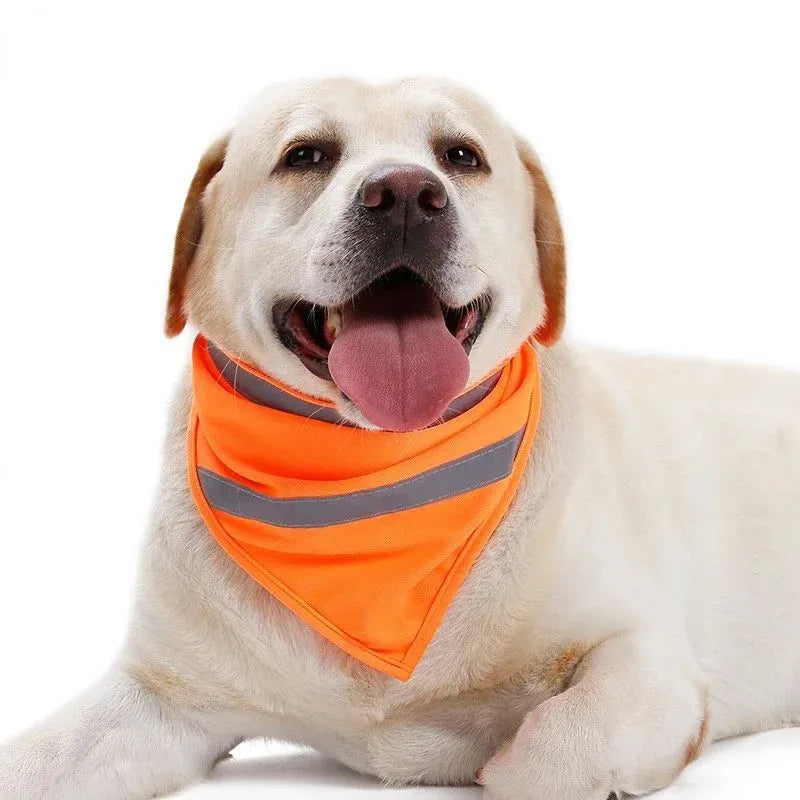 Yellow and orange reflective dog bandana with adhesive strap, shown in small, medium, and large sizes.