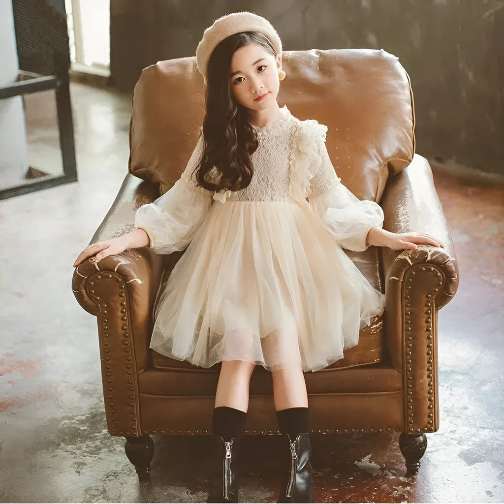 Girls long-sleeved princess dress in apricot with lace trim and petticoat, autumn style