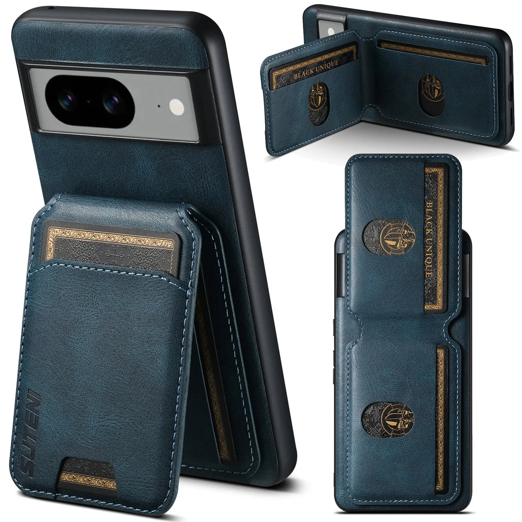 Black PU TPU leather-style back cover phone case with card slot and bracket for Samsung iPhone Google Pixel