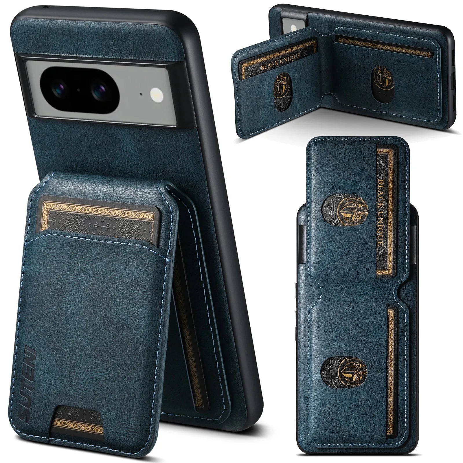 Black PU TPU leather-style back cover phone case with card slot and bracket for Samsung iPhone Google Pixel