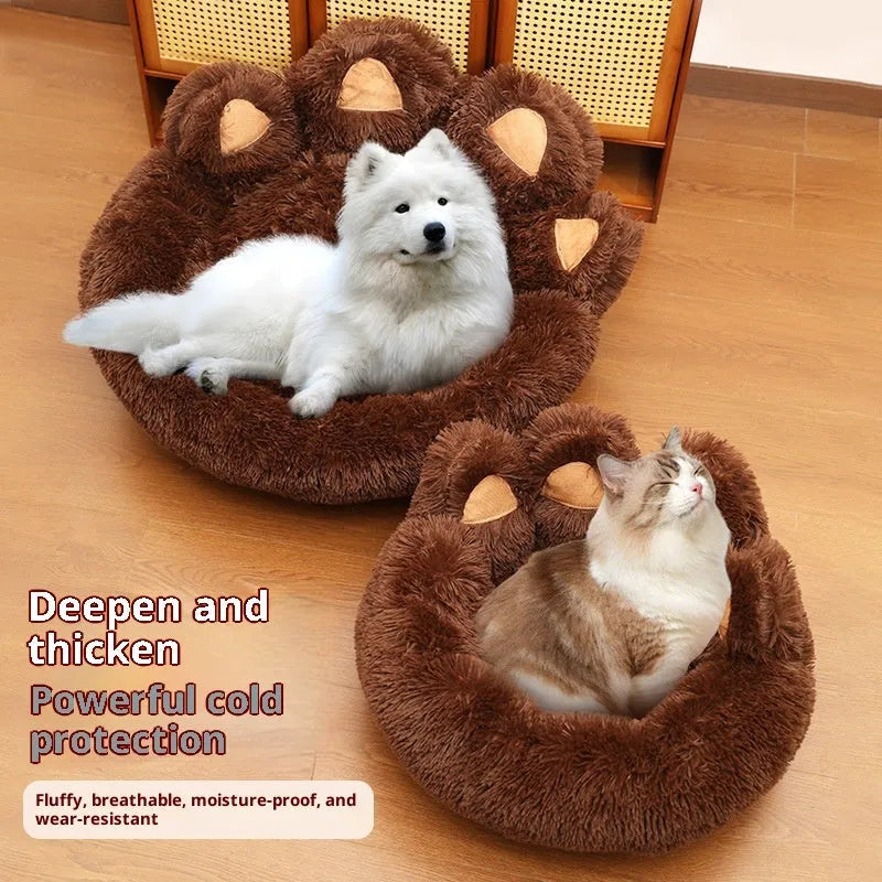 Plush kennel thickened pet bed in coffee colour with hand-shaped brush nest design on a white background