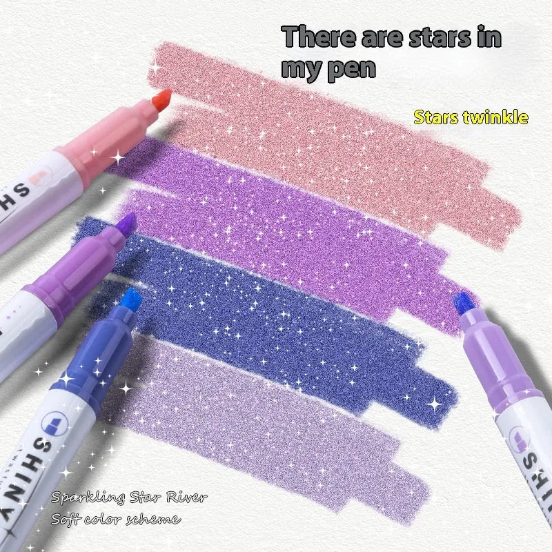 Pack of four glitter highlighter pens with plastic bodies in assorted colours.