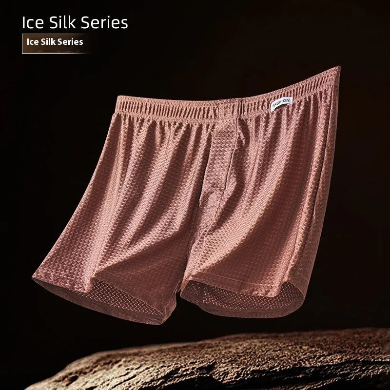 Men's nylon ice silk boxers in carbon crystal black, solid colour, knitted fabric, mid waist