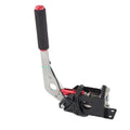 USB sim handbrake with red finish, Hall sensor, CNC aluminium body, and stainless steel mounting fixture