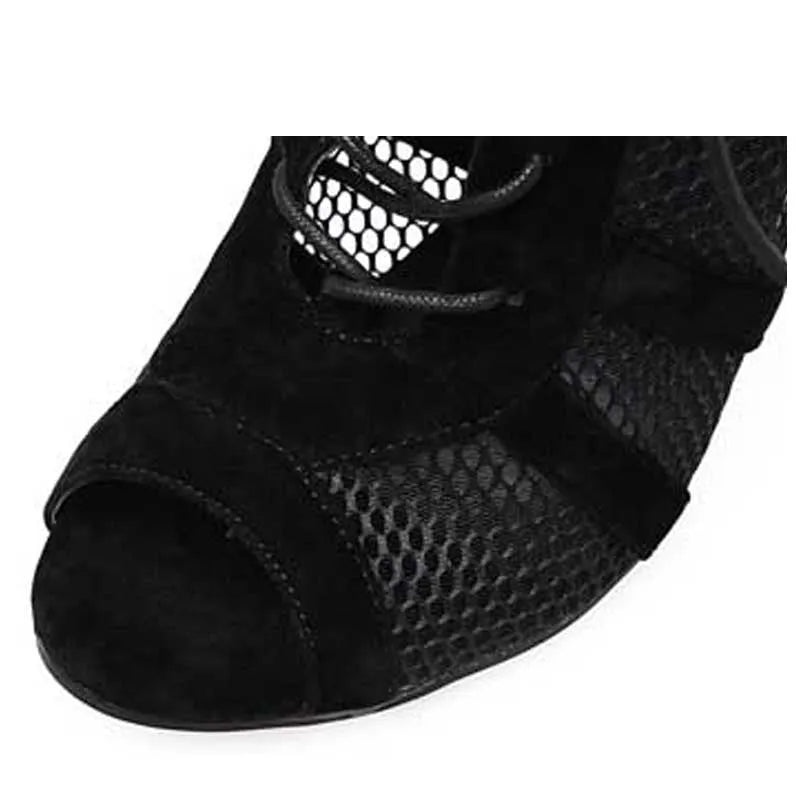 Black suede women's lace-up high heel shoes with a pointed toe and stiletto heel.