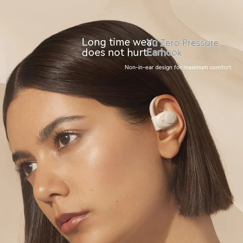 Bone conduction non in-ear Bluetooth headset in Glacier Blue with silicone ear hook on a white background
