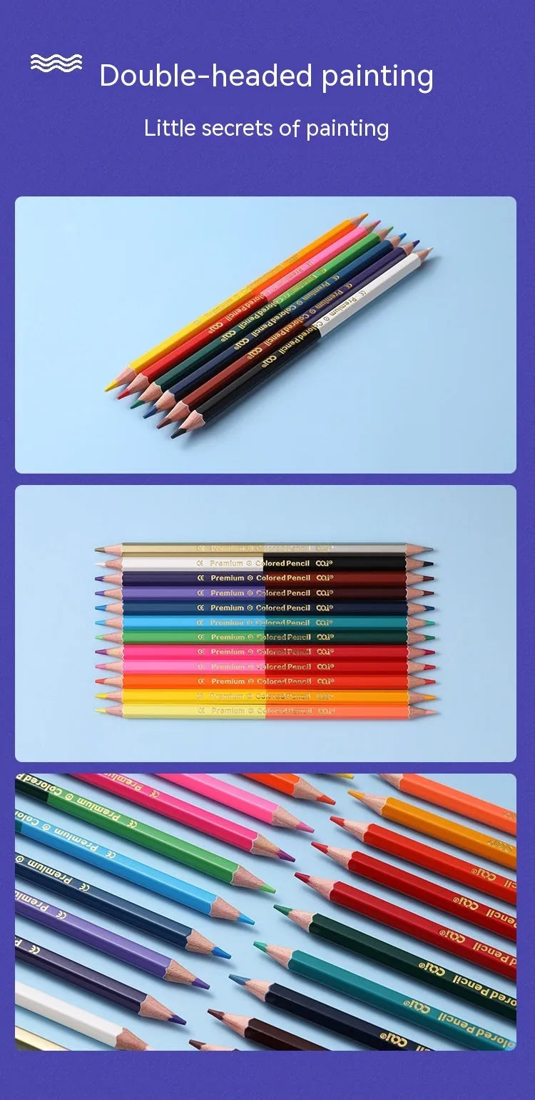 Wooden student colour pencil art set showing brush colour and double head options in 12 or 24 colour configurations