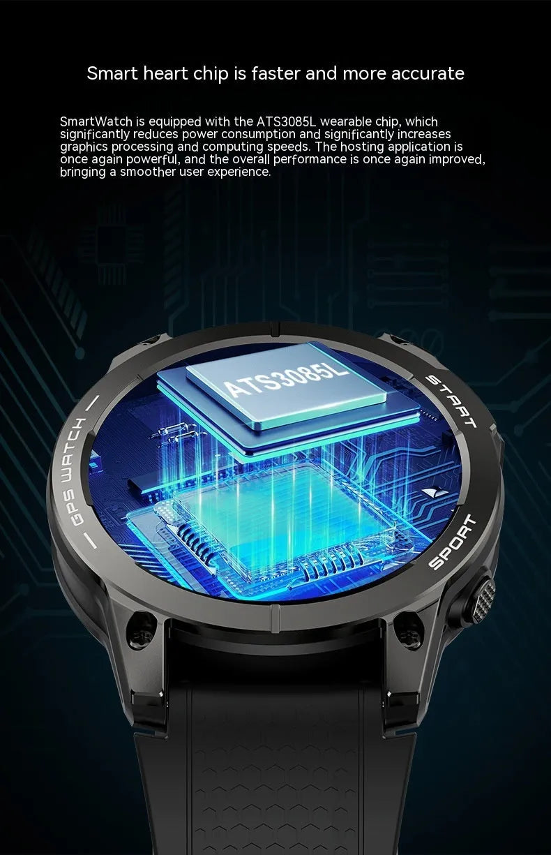 S53 Outdoor GPS Sports Call Smart Watch in black or orange with 1.43-inch touchscreen display