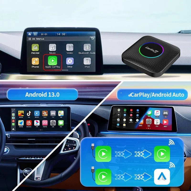 Square black wired to wireless CarPlay adapter box with data cable connectors