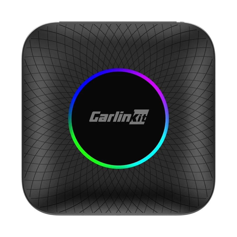 Square black wired to wireless CarPlay adapter box with data cable connectors