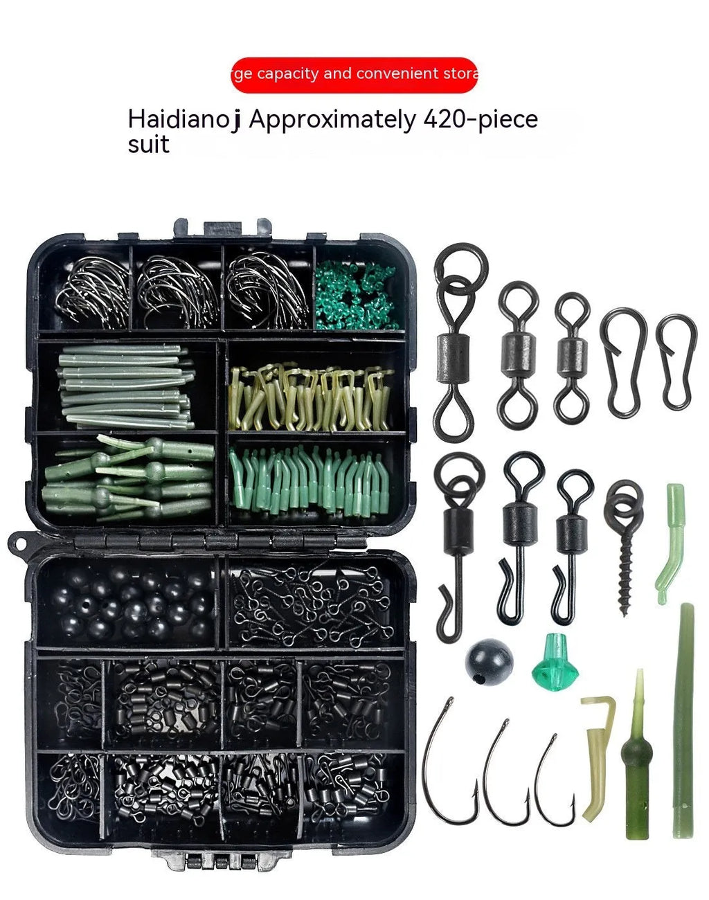 420-piece space beam carp fishing accessories set in 12cm x 9.5cm x 3cm box with swivels, pins, and hooks