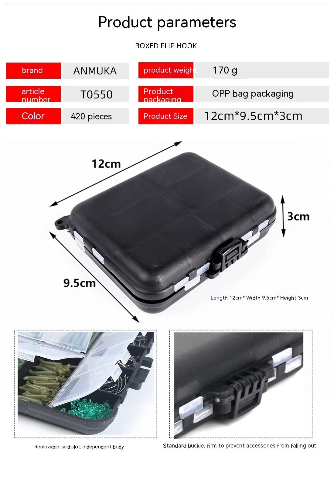 420-piece space beam carp fishing accessories set in 12cm x 9.5cm x 3cm box with swivels, pins, and hooks