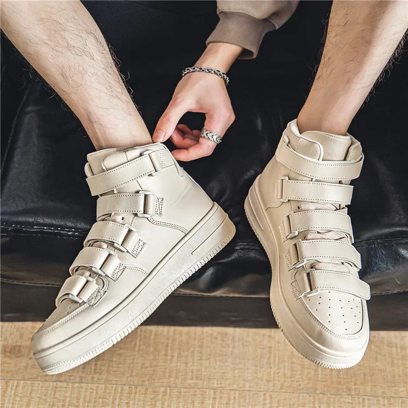 Men's high-top board shoes in black with white sole, lace-up front, artificial PU upper, and round toe on a white background