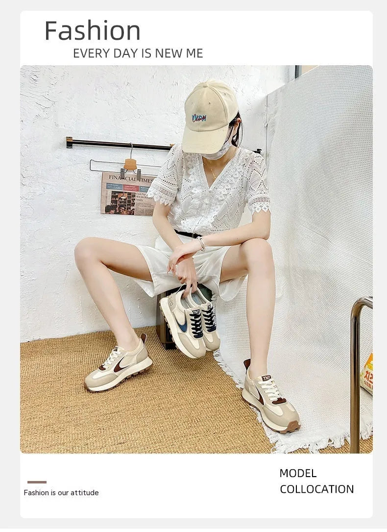 Forrest Gump heightened daddy shoes beige low top round toe mid heel 3-5cm height increasing sneakers