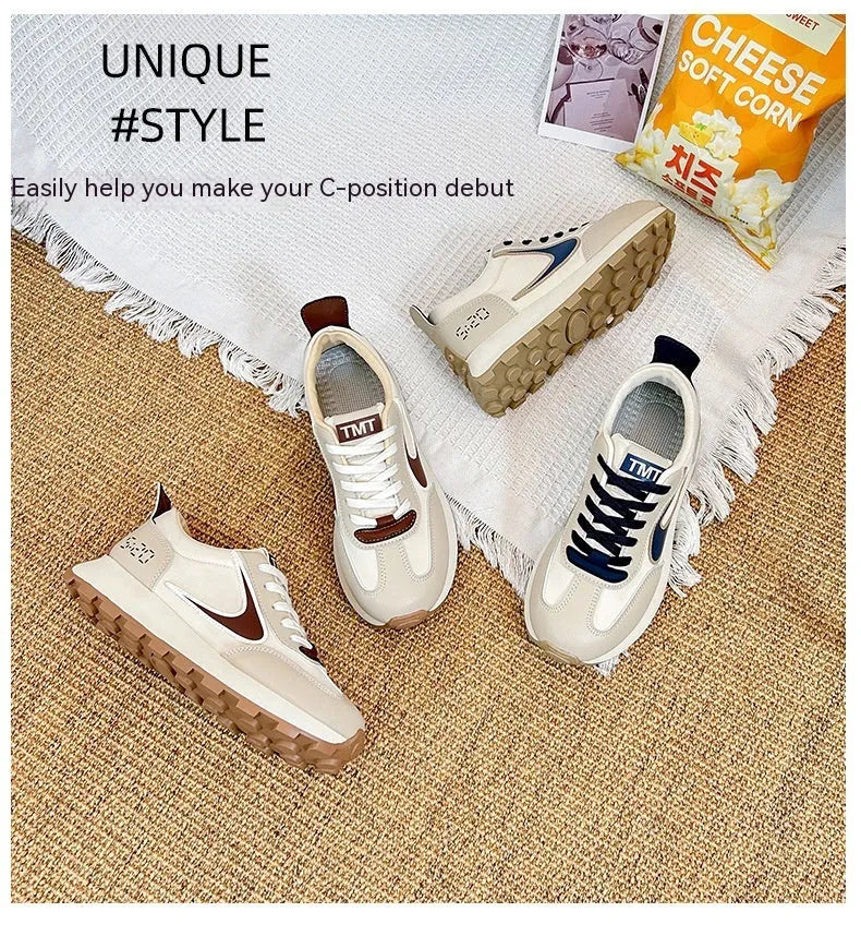 Forrest Gump heightened daddy shoes beige low top round toe mid heel 3-5cm height increasing sneakers