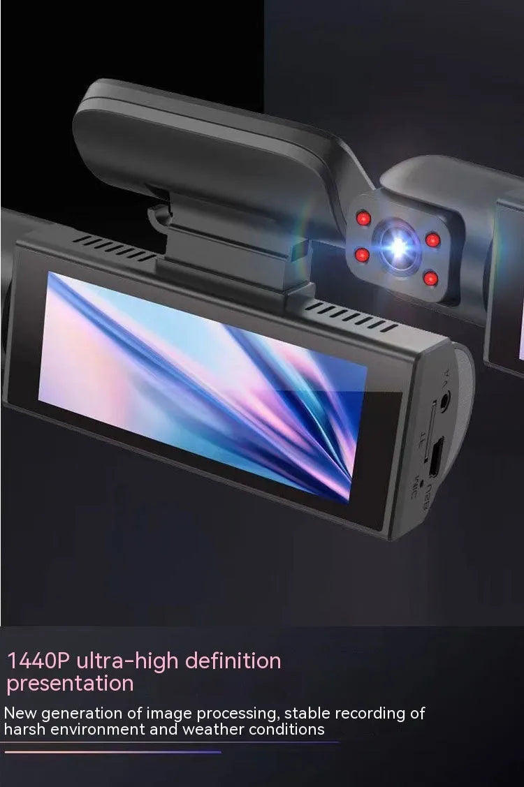 Dual-lens HD driving recorder with a 3.5-inch LCD screen mounted on a car windscreen.