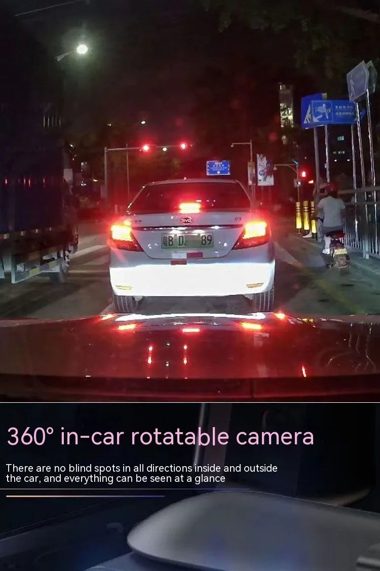 Dual-lens HD driving recorder with a 3.5-inch LCD screen mounted on a car windscreen.