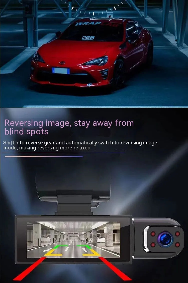 Dual-lens HD driving recorder with a 3.5-inch LCD screen mounted on a car windscreen.