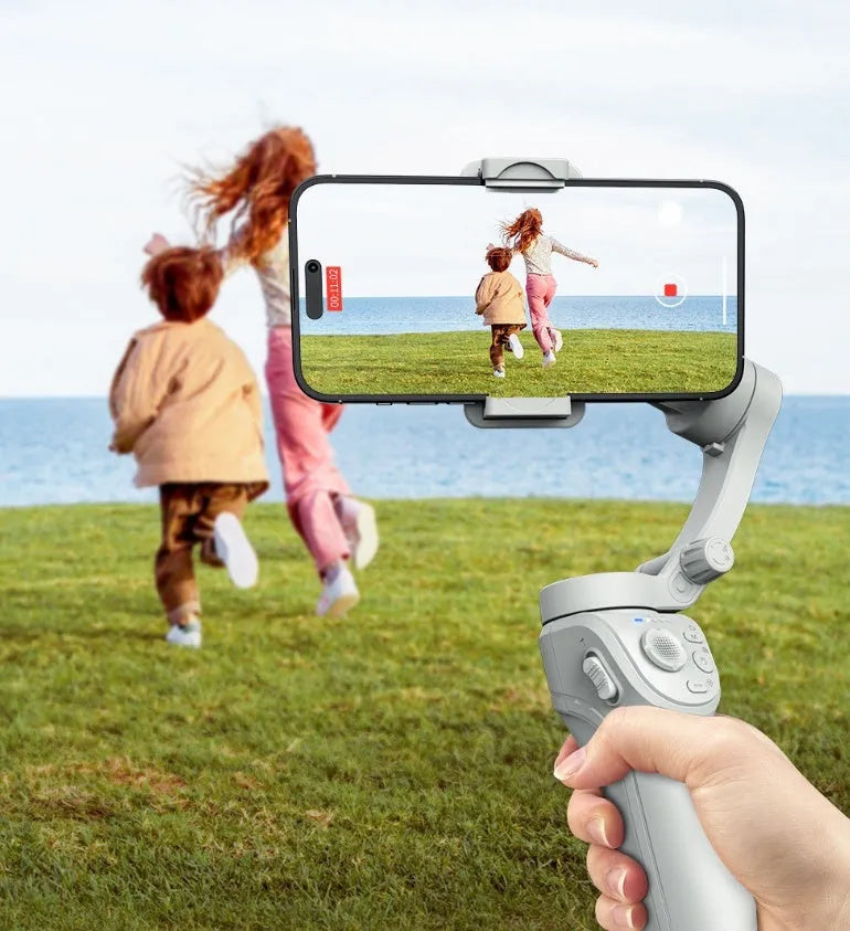 Gray handheld three-axis anti-shake stabilizer with AI face tracking and fill light for short video shooting