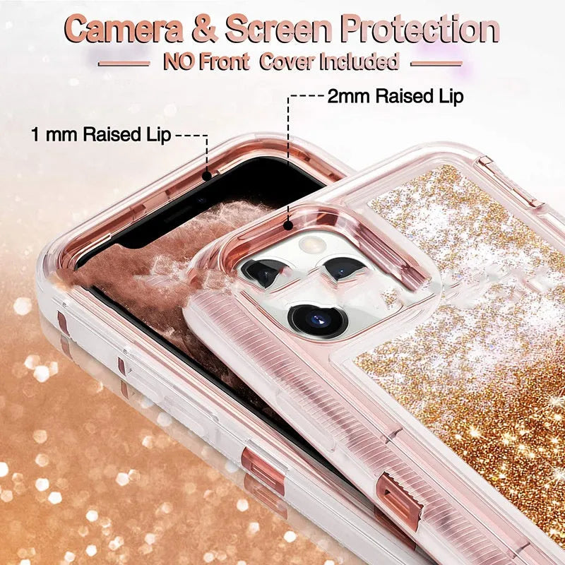 Liquid Quicksand Three-in-one Phone Case in rose gold for iPhone14 Pro, shockproof TPU PC back cover with airbag