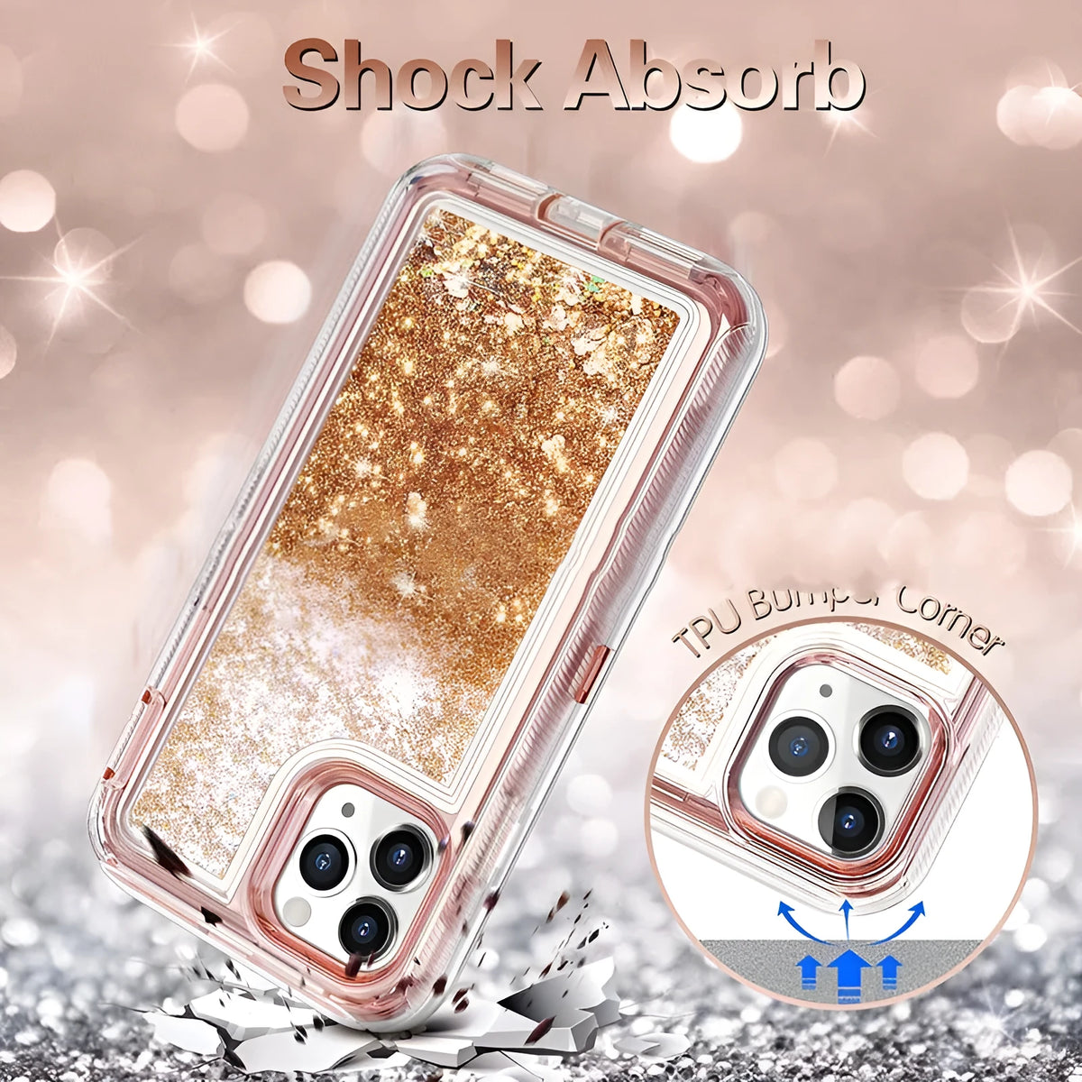 Liquid Quicksand Three-in-one Phone Case in rose gold for iPhone14 Pro, shockproof TPU PC back cover with airbag
