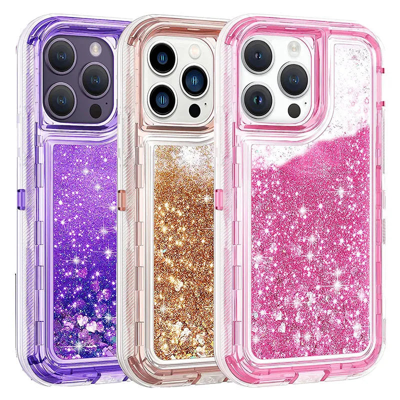 Liquid Quicksand Three-in-one Phone Case in rose gold for iPhone14 Pro, shockproof TPU PC back cover with airbag