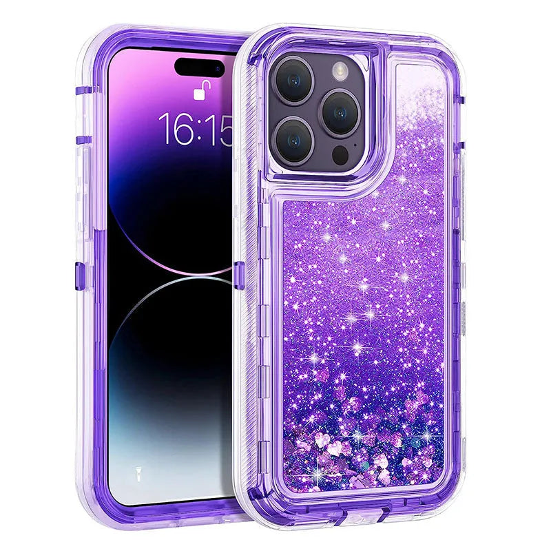 Liquid Quicksand Three-in-one Phone Case in rose gold for iPhone14 Pro, shockproof TPU PC back cover with airbag