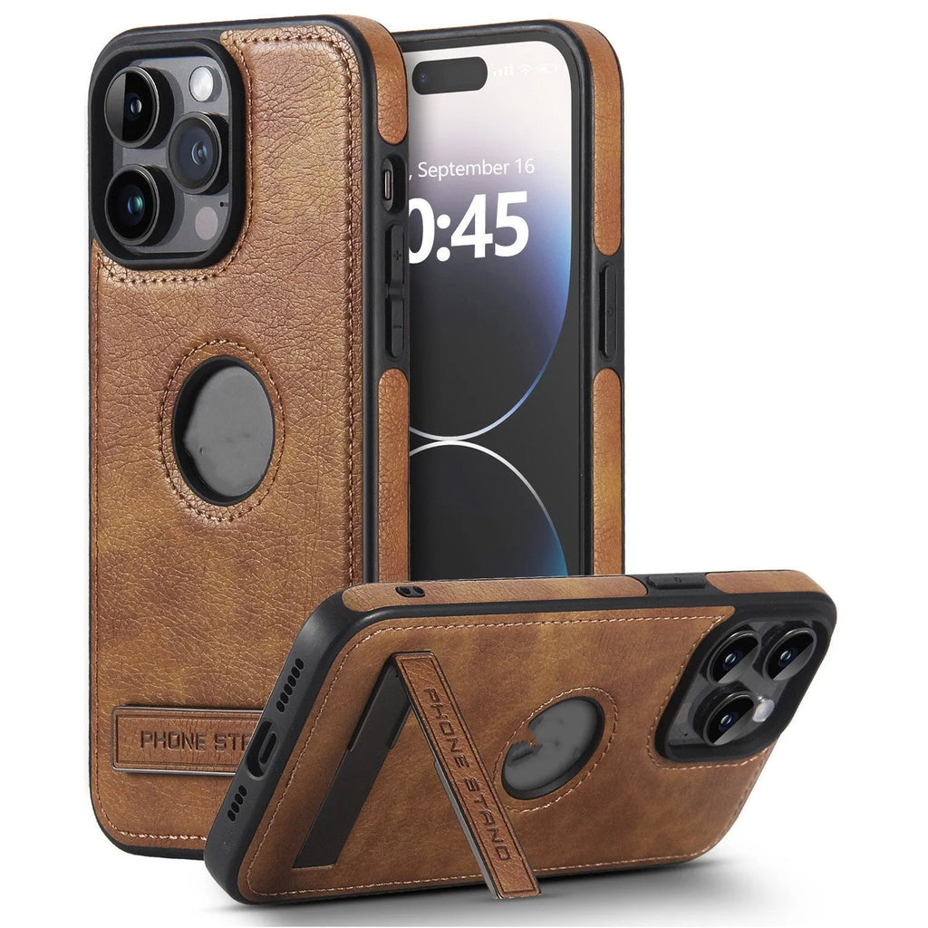 Leather pattern bracket phone case in black for Apple iPhone, drop-resistant imitation leather finish