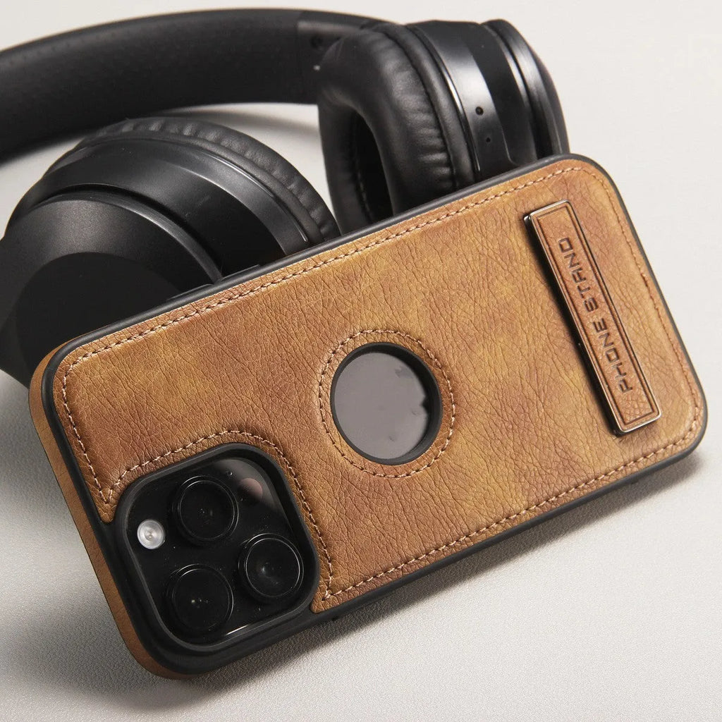 Leather pattern bracket phone case in black for Apple iPhone, drop-resistant imitation leather finish