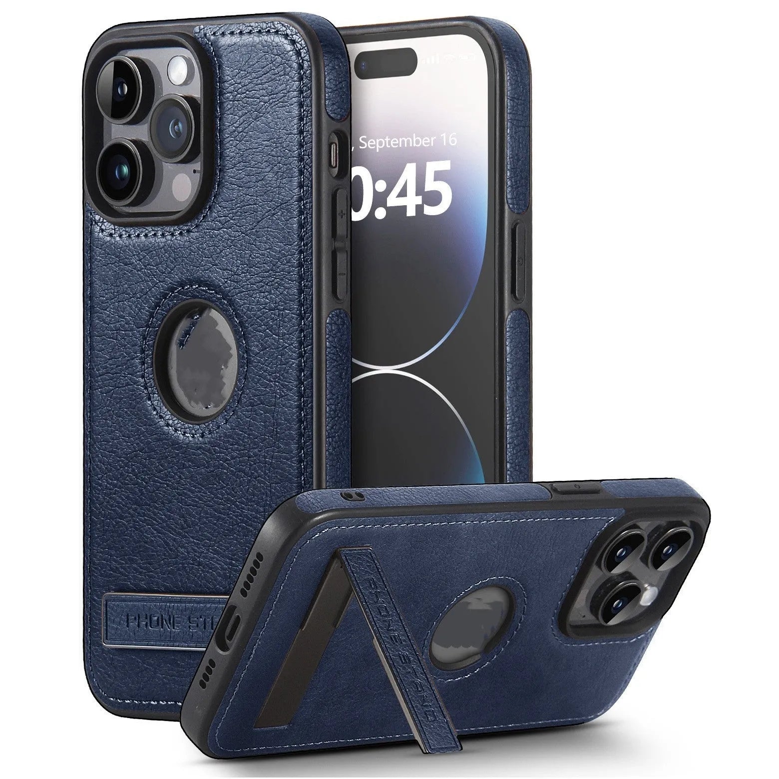 Leather pattern bracket phone case in black for Apple iPhone, drop-resistant imitation leather finish