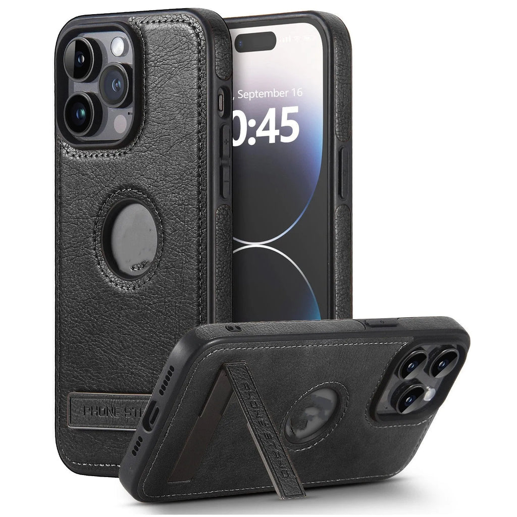 Leather pattern bracket phone case in black for Apple iPhone, drop-resistant imitation leather finish
