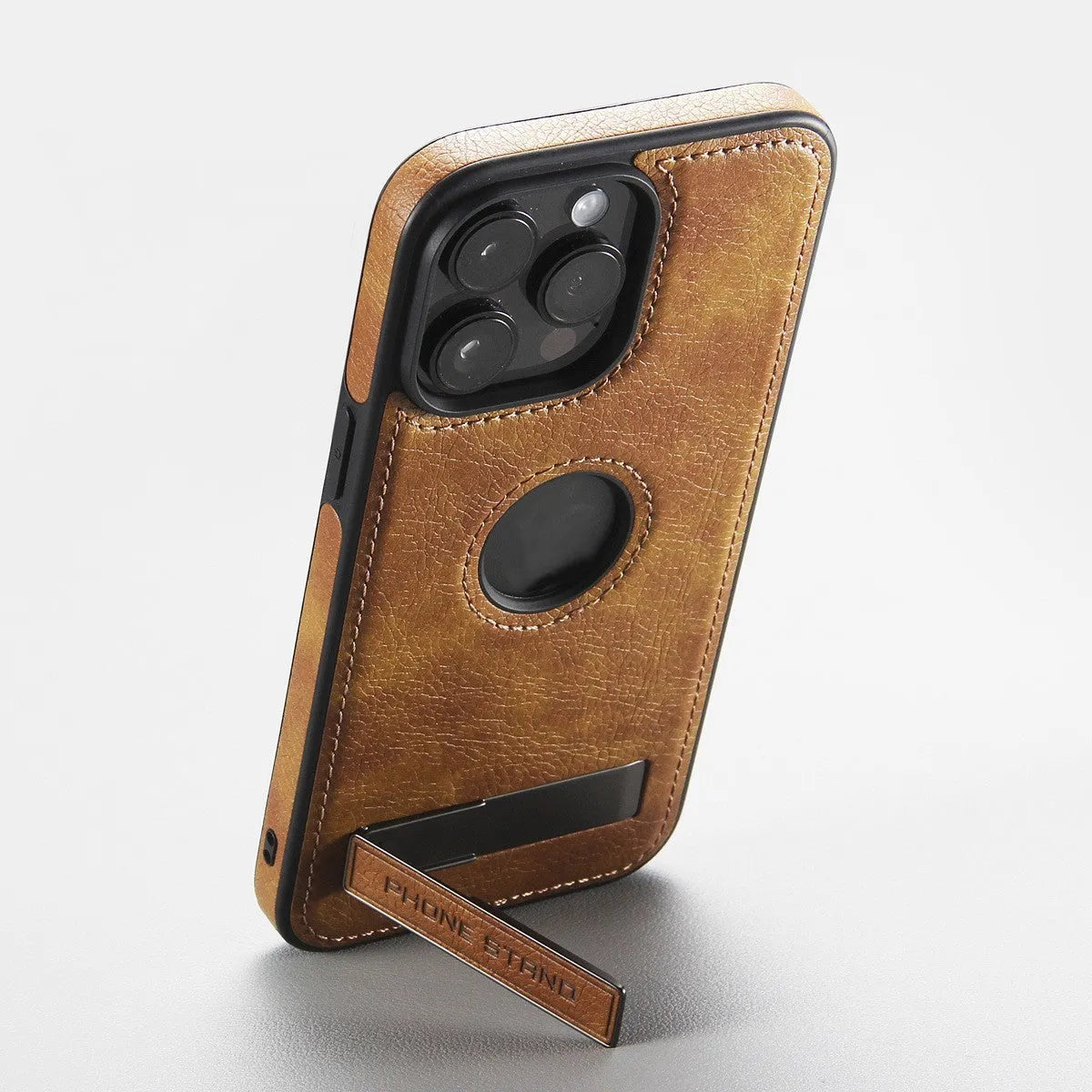 Leather pattern bracket phone case in black for Apple iPhone, drop-resistant imitation leather finish