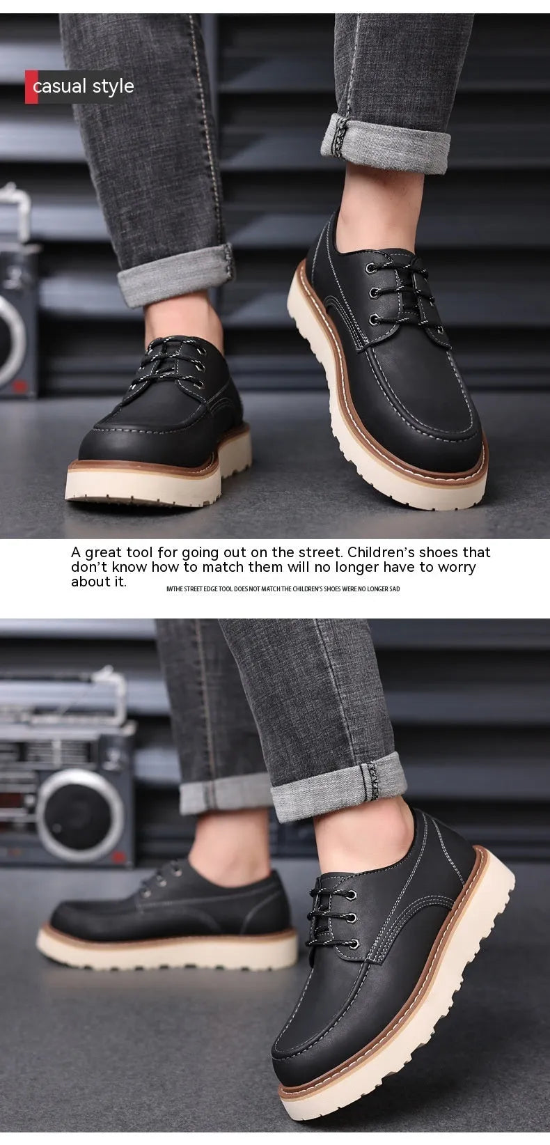 Men's black low-top Martin boots with a round toe and rubber sole on a plain background.