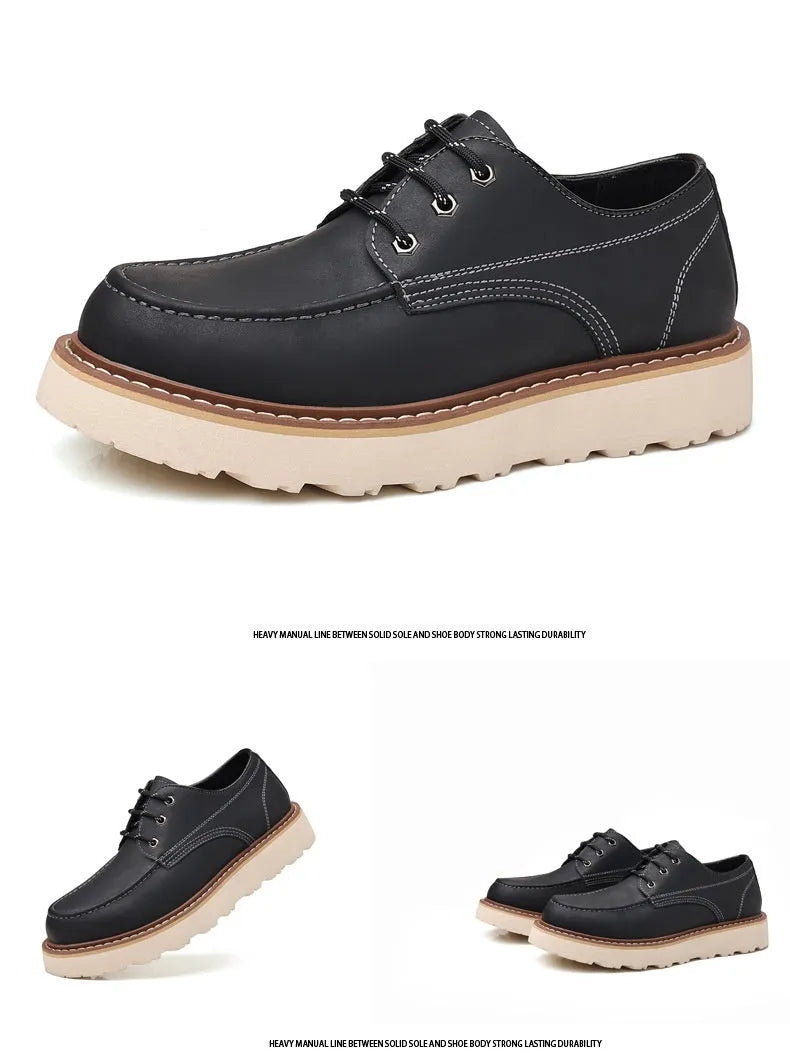 Men's black low-top Martin boots with a round toe and rubber sole on a plain background.